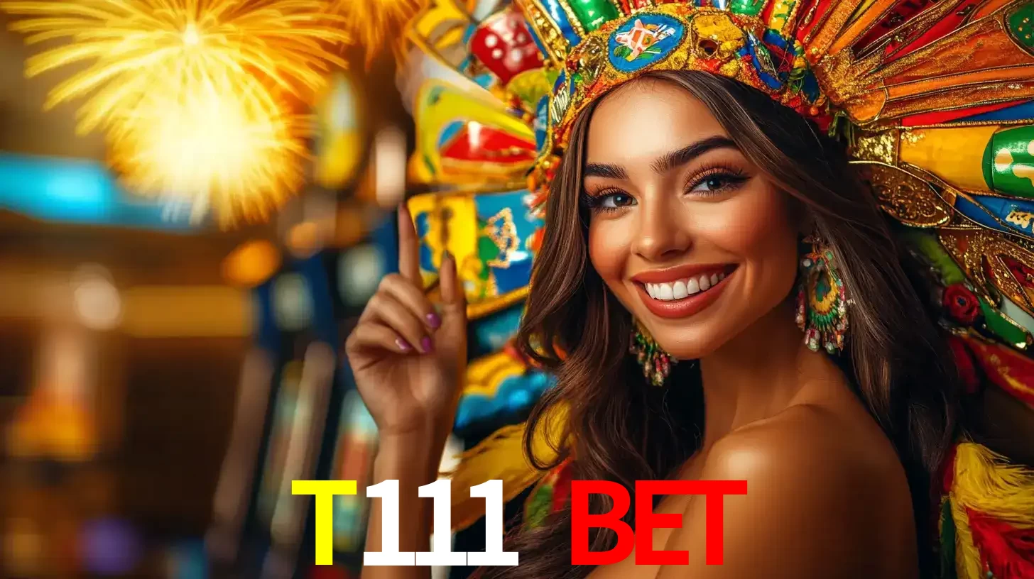Mulher sorridente com um cocar de carnaval vibrante e colorido, celebrando uma grande vitória nos jogos do cassino T111 bet com fogos de artifício ao fundo.