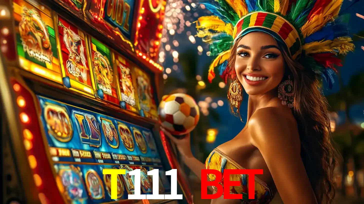 Mulher com um cocar de carnaval ao lado de uma máquina de caça-níqueis enquanto segura uma bola de futebol, mostrando a união da diversão de cassino e esportes no T111 bet.