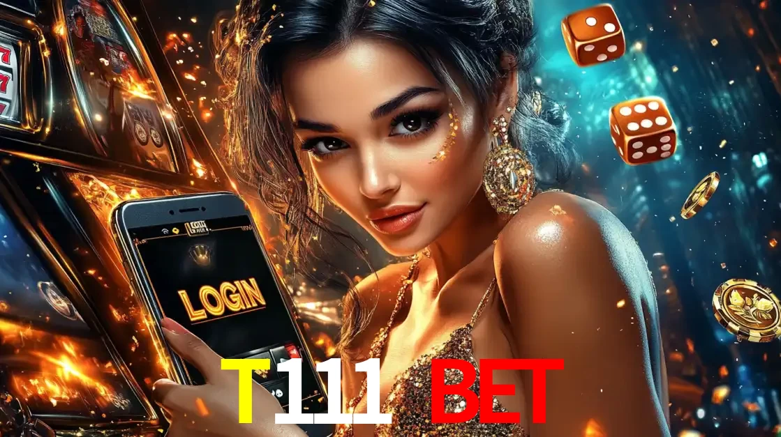 Mulher glamourosa segurando um celular com a tela de login do cassino T111 bet, rodeada por dados e moedas douradas, pronta para começar a diversão.