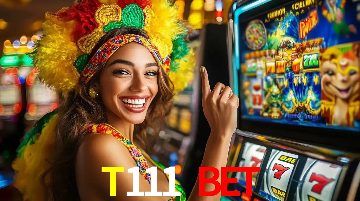 Mulher animada com um cocar de carnaval apontando para uma máquina de caça-níqueis, mostrando a emoção de ganhar um grande prêmio nos jogos do T111 bet.