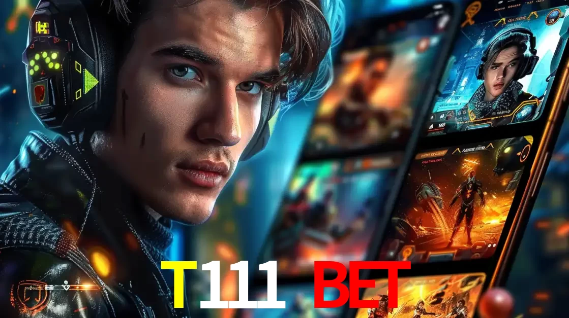 Jovem jogador com fones de ouvido olhando para a câmera, com um aplicativo de jogos e e-sports para celular ao fundo, pronto para a competição e apostas no T111 bet.