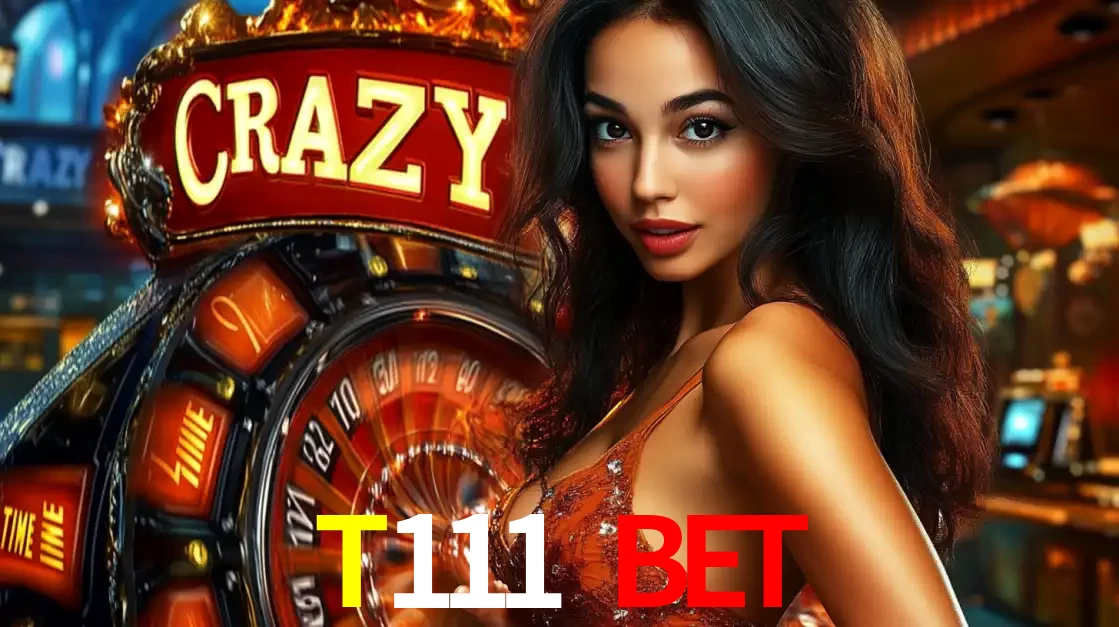 Mulher glamourosa olhando para a câmera com a roda vermelha do Crazy Time ao fundo em um ambiente de cassino, destacando a emoção dos jogos ao vivo no T111 bet.