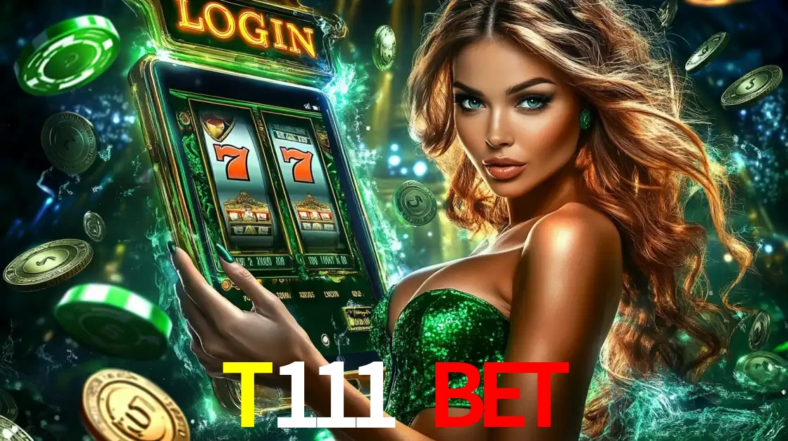 Mulher com tema verde apresentando o aplicativo do cassino T111 bet com um jogo de slot de 777, cercada por fichas de cassino e uma aura de sorte.