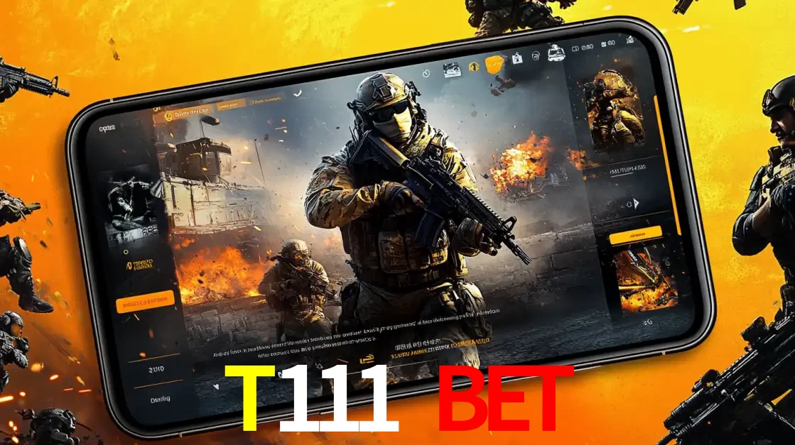 Um smartphone exibindo a interface de um jogo de tiro em primeira pessoa, com um soldado em um cenário de batalha, representando a ação dos e-sports para apostar no T111 bet.
