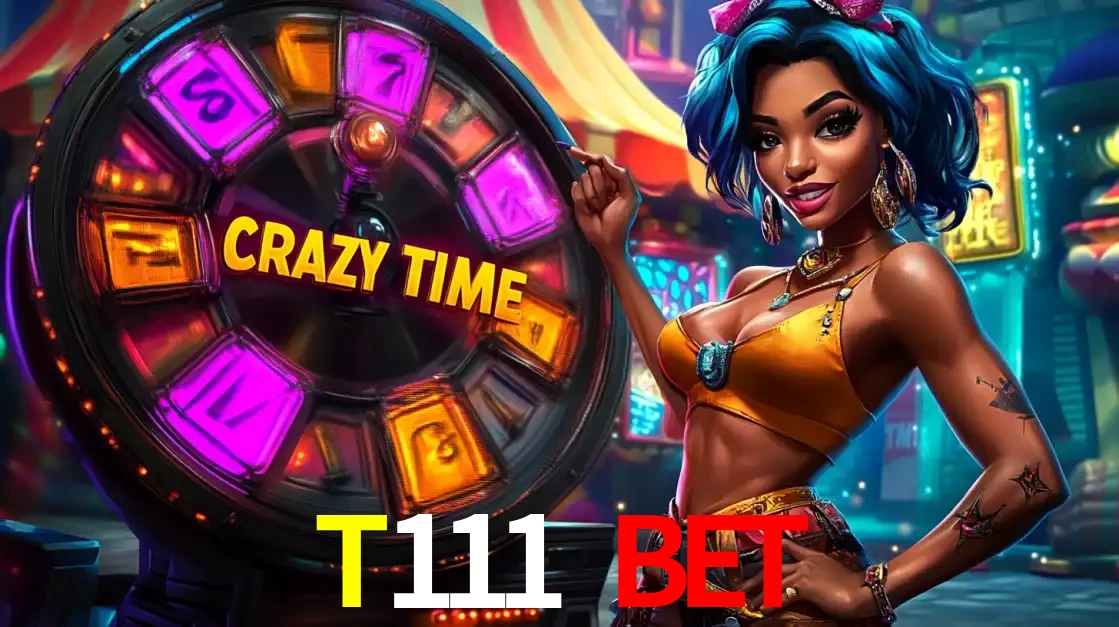 Mulher estilizada com cabelo azul e visual vibrante posando ao lado da roda de prêmios do game show Crazy Time, convidando para a diversão e os bônus do cassino T111 bet.