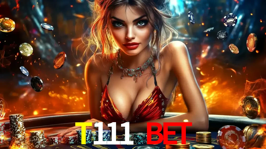 Mulher em uma mesa de cassino com pilhas de fichas e um fundo de fogo, pronta para uma rodada de altas apostas nos jogos de mesa emocionantes do cassino T111 bet.