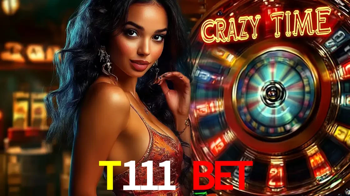 Mulher elegante ao lado da vibrante roda da fortuna do jogo de cassino ao vivo Crazy Time, um dos game shows mais populares e cheios de prêmios do T111 bet.