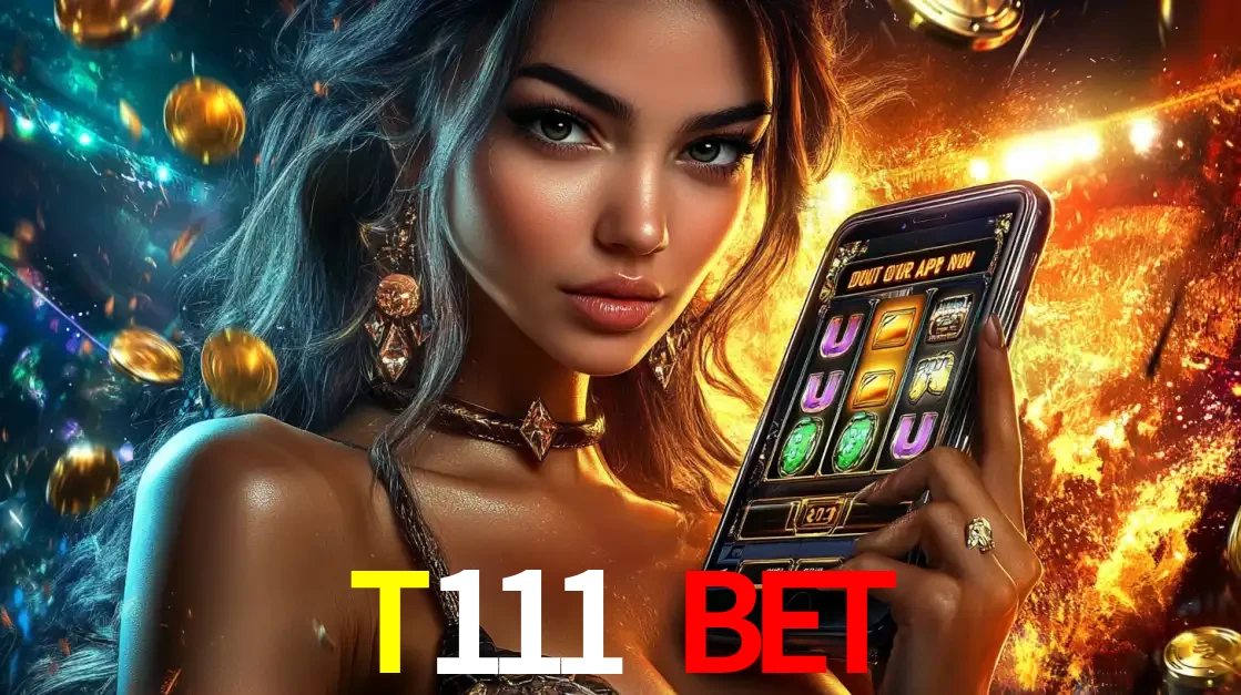Mulher elegante mostrando um jogo de caça-níqueis em seu smartphone, destacando a experiência de cassino móvel oferecida pelo aplicativo T111 bet.