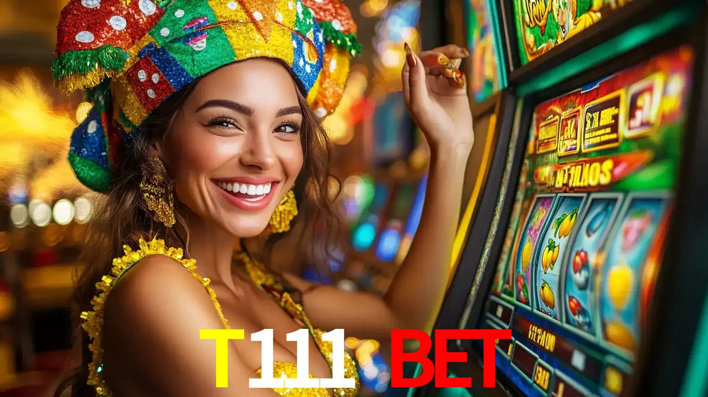 Mulher feliz com traje de carnaval amarelo e colorido ao lado de uma máquina de caça-níqueis, aproveitando a diversão e os jogos temáticos do cassino T111 bet.