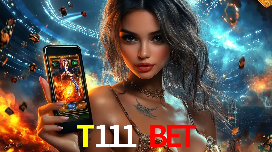 Mulher segurando um celular com um jogo de slot em destaque, tendo como fundo um estádio vibrante, simbolizando a emoção de jogar no cassino móvel T111 bet.