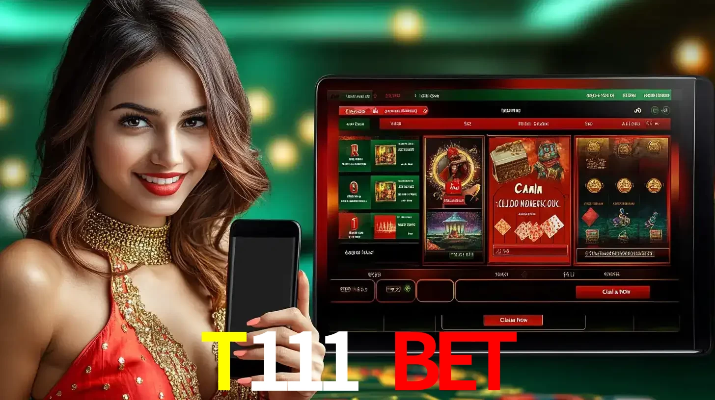 Mulher sorridente segurando um smartphone, ao lado de uma tela exibindo o lobby de jogos do cassino online T111 bet, com várias opções de jogos de cartas e slots.
